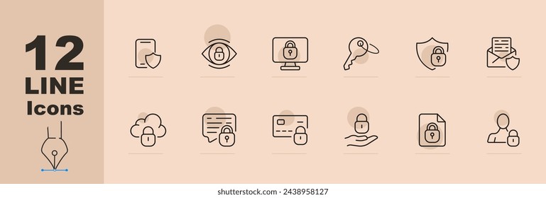 Security icon set. Smartphone, shield, password, bank card, server, hacker, message, corporate email. Pastel color background. Vector line icon for Business