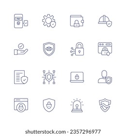 Security icon set. Thin line icon. Editable stroke. Containing settings, wallet, insurance, hand, eye, cyber security, web security, legal document, cyber, security, person, ssl, alarm.