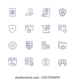 Security icon set. Thin line icon. Editable stroke. Containing fingerprint, data protection, stamp, anti virus, shield, credit card, insurance, secure payment, guarantee, database, protection, account