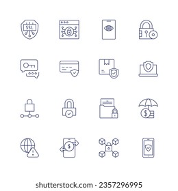 Security icon set. Thin line icon. Editable stroke. Containing ssl, encryption, spyware, security, exchange, online payment, box, laptop, padlock, protect, asset, insurance, alert, online transfer.