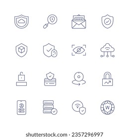 Conjunto de iconos de seguridad. Icono de línea delgada. Trazo editable. Con seguridad, correo electrónico, escudo, spyware, pago virtual, seguro, grado, aumento, inicio de sesión, servidor, wifi, red mundial.