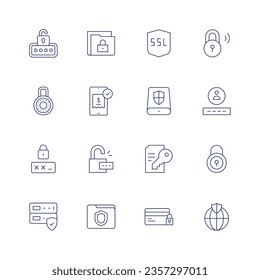 Security icon set. Thin line icon. Editable stroke. Containing unlock, confidential, ssl, lock, padlock, verified, data storage, personal security, password, contract, security, server, folder.