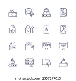 Security icon set. Thin line icon. Editable stroke. Containing firewall, database, password, log in, padlock, lock, keyhole, wallet, vpn, pin code, server, folder.