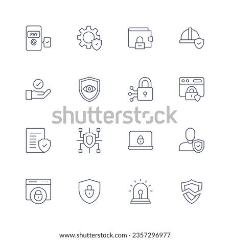 Security icon set. Thin line icon. Editable stroke. Containing settings, wallet, insurance, hand, eye, cyber security, web security, legal document, cyber, security, person, ssl, alarm.
