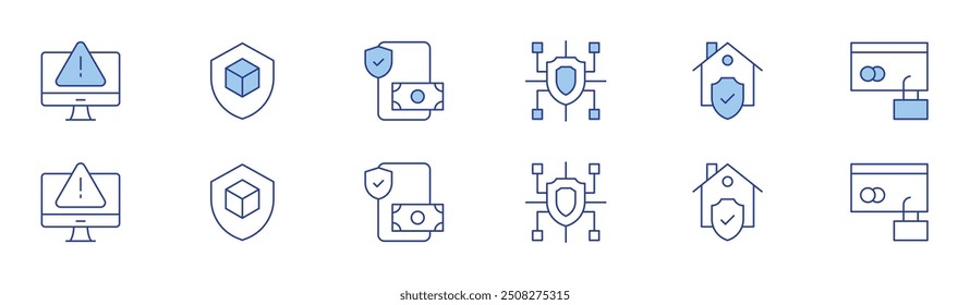 Security icon set in two styles, Duotone and Thin Line style. Editable stroke. warning sign, security, cyber, home, smartphone, secure payment.
