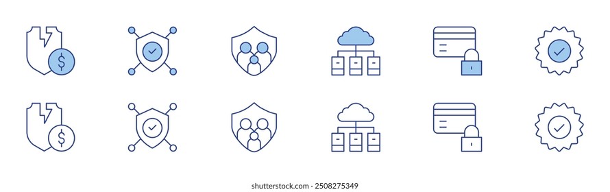 Security icon set in two styles, Duotone and Thin Line style. Editable stroke. security, antivirus, family insurance, server, credit card, guarantee.