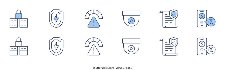 Security icon set in two styles, Duotone and Thin Line style. Editable stroke. protection, security camera, shield, risk, insurance, fingerprint.