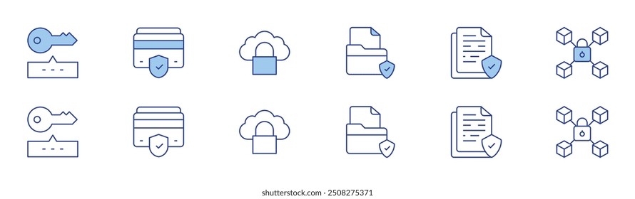 Security icon set in two styles, Duotone and Thin Line style. Editable stroke. password, document, secure payment, protected, cloud, lock.