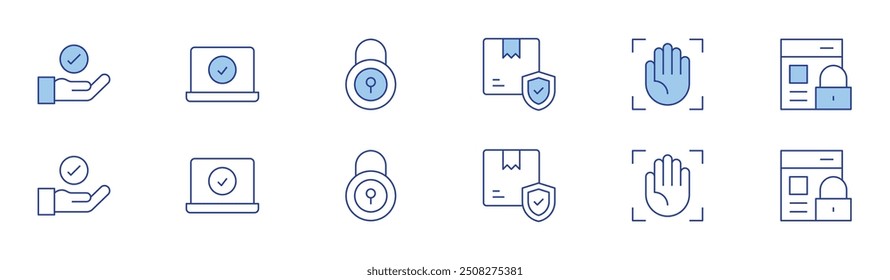 Security icon set in two styles, Duotone and Thin Line style. Editable stroke. hand, box, palm, check, online security, security.