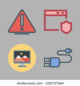 security icon set. vector set about warning, usb, shield and monitor icons set.