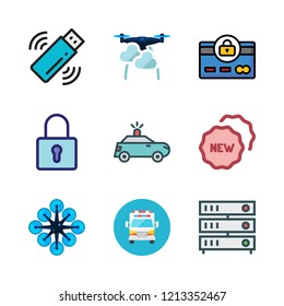 security icon set. vector set about servers, police car, ambulance and credit card icons set.