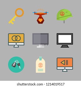 security icon set. vector set about monitor, helmet, id and key icons set.