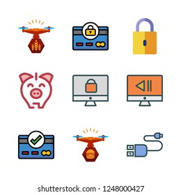 security icon set. vector set about usb, piggy bank, drone and credit card icons set.