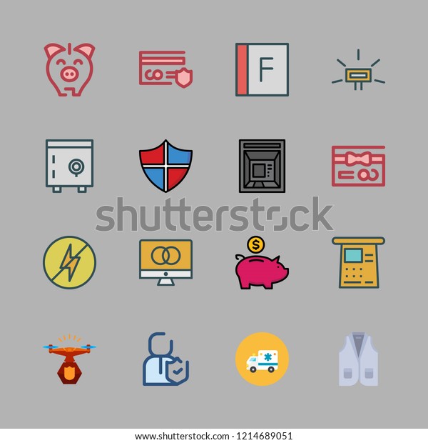 security icon set. vector set about\
drone, cash machine, monitor and insurance icons\
set.