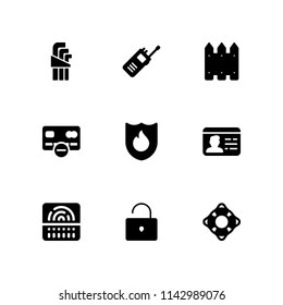 security icon set. walkie talkie, credit card and lifeguard vector icon for graphic design and web