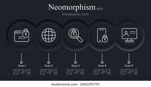 Security icon set. Website, lock, magnifying glass, search, smartphone, password, monitor. Neomorphism style. Vector line icon for business and advertising