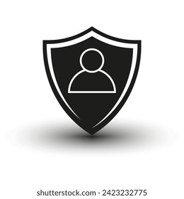 Icono de seguridad. Simple señal de seguridad personal. Escudo con símbolo de hombre. Ilustración vectorial. EPS 10.
