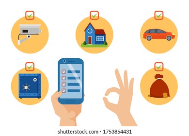 Security icon smartphone application, vector illustration. Safe set with lock, camera, house, car and money coin in bag icon. Turning on security system from mobile device, network. svg