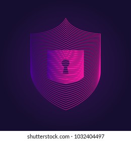 Security icon in trendy colors on ultra violet background. Wireframe style. Shield symbol. UI element design. Vector illustration, EPS10.