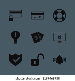 security icon. security vector icons set attention sign bulb, passports, open lock and key card