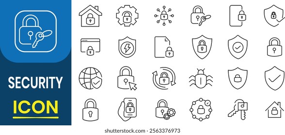 Security icon, vector set. Guard, cyber security, password, smart home, safety, data protection, key, shield, lock, unlock, eye. Related secure, privacy, protection, defense. Vector illustration.