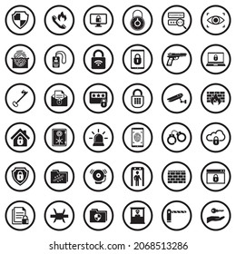 Iconos de seguridad. Diseño Plano Negro En Círculo. Ilustración vectorial.