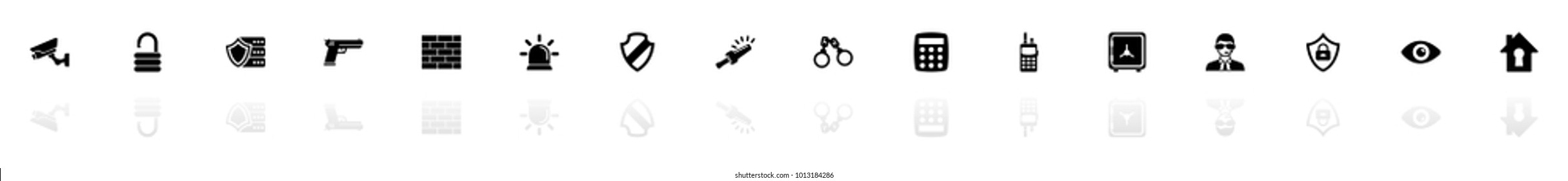 Security icons - Black horizontal Illustration symbol on White Background with a mirror Shadow reflection. Flat Vector Icon.