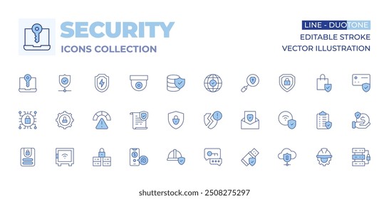 Security icons collection. Line Duotone style, editable stroke. ssl, protection, insurance, security, risk, exchange, fingerprint, cyber security, security box, secure, log in.