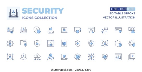 Security icons collection. Line Duotone style, editable stroke. quality, secure, prevention, confidential, virtual, degree, shield, security, data security, security system, family, folder.