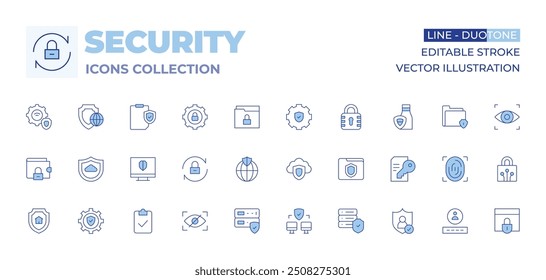 Security icons collection. Line Duotone style, editable stroke. secure, internet security, server, wallet, cyber security, audit, reset, shield, spyware, security.