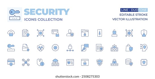 Security icons collection. Line Duotone style, editable stroke. password, document, padlock, secure payment, security, family insurance, server, lock, guarantee, browser.