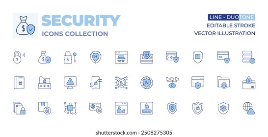 Security icons collection. Line Duotone style, editable stroke. padlock, world grid, security system, alert, network, lock, document, login, webpage, folder, delivery box, private account.