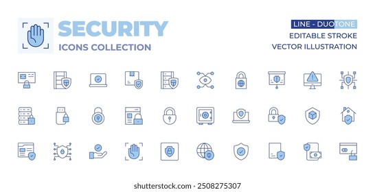 Security icons collection. Line Duotone style, editable stroke. network, flash drive, web security, hand, shield, palm, safe deposit, browser, online security, security, hard disk, lock.