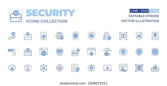 Security icons collection. Line Duotone style, editable stroke. ensure, access, security, browser, legal document, data security, email, insurance, ssl, account, cloud computing, network.