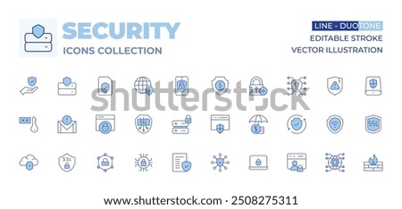 Security icons collection. Line Duotone style, editable stroke. ensure, access, security, browser, legal document, data security, email, insurance, ssl, account, cloud computing, network.