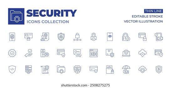 Security icons collection. Thin Line icons, editable stroke. ssl, exchange, data protection, shield, insurance, secure payment, guarantee, database, fingerprint, protection.