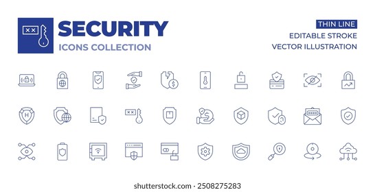 Colección de iconos de seguridad. Iconos de línea fina, golpe editable. seguridad, correo electrónico, virtual, grado, escudo, caja de seguridad, pago seguro, seguridad de datos, seguro, dinero.