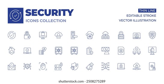 Colección de iconos de seguridad. Iconos de línea delgada, golpe editable. dinero, clave, palma, seguridad de datos, escudo, usb, caja fuerte, prevención, hogar, antivirus, correo electrónico, verificación.