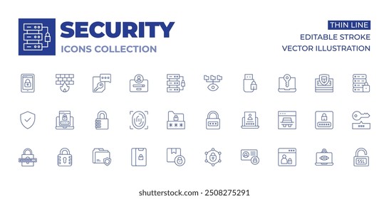 Security icons collection. Thin Line icons, editable stroke. padlock, password, folder, unlocking, fingerprint, verified, delivery box, network, login, private account.