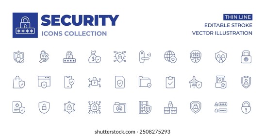 Colección de iconos de seguridad. Datos, escudo, acceso, seguridad cibernética, bolso de la compra, seguridad del Web, seguro de salud, seguridad, seguro, carpeta segura.