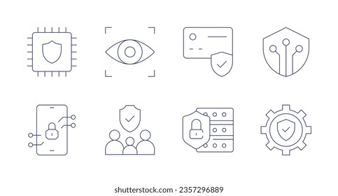 Security icons. Editable stroke. Containing shield, eye scanner, transaction, digital security, lock, family, data security, secure.