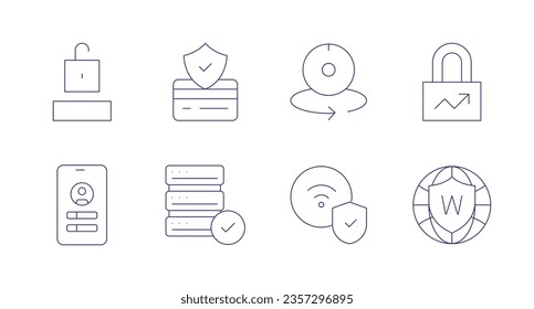 Security icons. Editable stroke. Containing security, secure payment, degree, increase, log in, server, wifi, world grid.