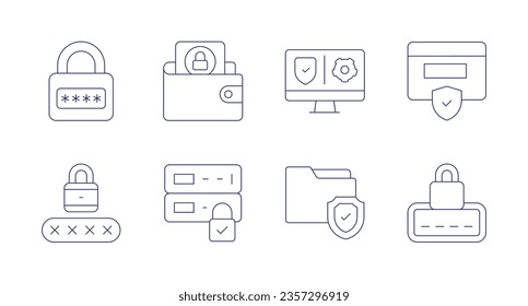 Security icons. Editable stroke. Containing password, wallet, vpn, firewall, pin code, server, folder.