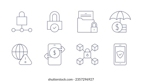 Security icons. Editable stroke. Containing padlock, protect, asset, insurance, alert, online transfer, lock, smartphone.