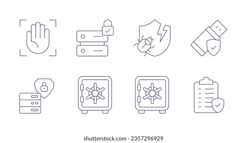 Iconos de seguridad. Trazo editable. Conteniendo palma, seguridad de datos, escudo, usb, caja de seguridad, prevención.