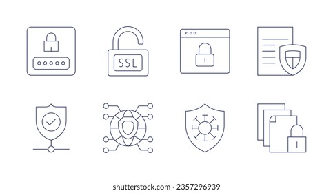 Security icons. Editable stroke. Containing login, ssl, browser, file, web protection, network, antivirus, document.