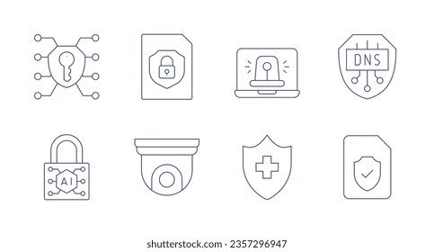 Security icons. Editable stroke. Containing key, confidential, alert, dns, lock, cctv, prevention, insurance.