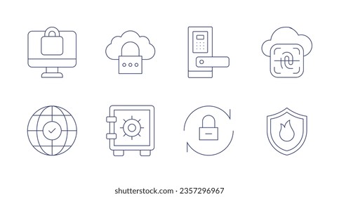 Security icons. Editable stroke. Containing computer, cloud, smart door, security, worldwide, safety box, reset, fire.