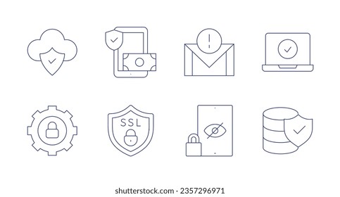 Security icons. Editable stroke. Containing cloud storage, smartphone, email, check, padlock, ssl, restriction, protection.