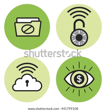 security icons icon set cloud computing identity theft fingerprint open network wireless signal folder access unlocked money stolen seal smart phone internet hack information technology green black